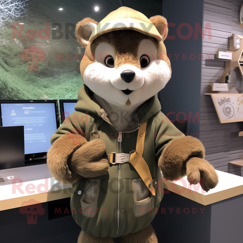 Olive Marten mascot costume character dressed with a Hoodie and Brooches
