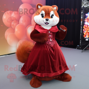 Maroon Red Panda mascot costume character dressed with a Ball Gown and Shoe clips