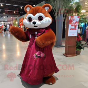 Maroon Red Panda mascot costume character dressed with a Ball Gown and Shoe clips