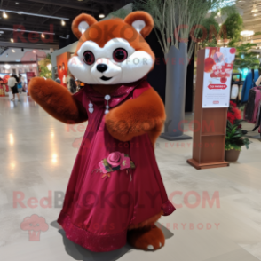 Maroon Red Panda mascot costume character dressed with a Ball Gown and Shoe clips