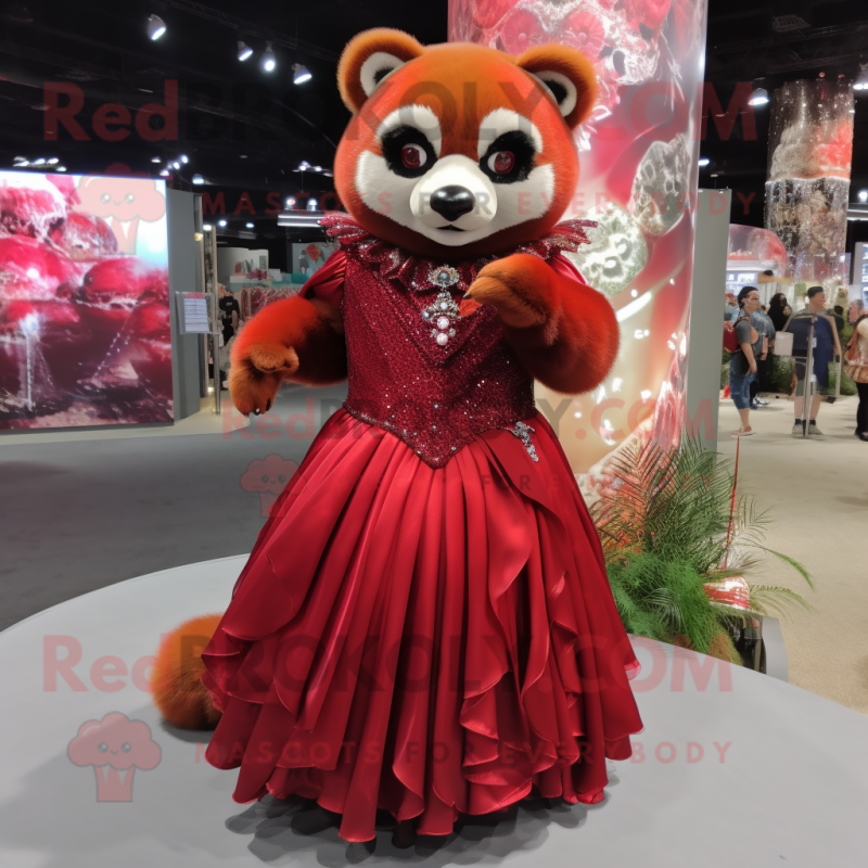 Maroon Red Panda mascot costume character dressed with a Ball Gown and Shoe clips Maroon Red Panda mascot costume character dressed with a Ball Gown and Shoe clips