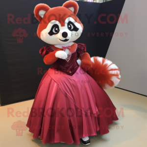 Maroon Red Panda mascot costume character dressed with a Ball Gown and Shoe clips