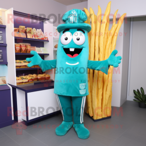 Teal French Fries mascot costume character dressed with a Long Sleeve Tee and Hairpins
