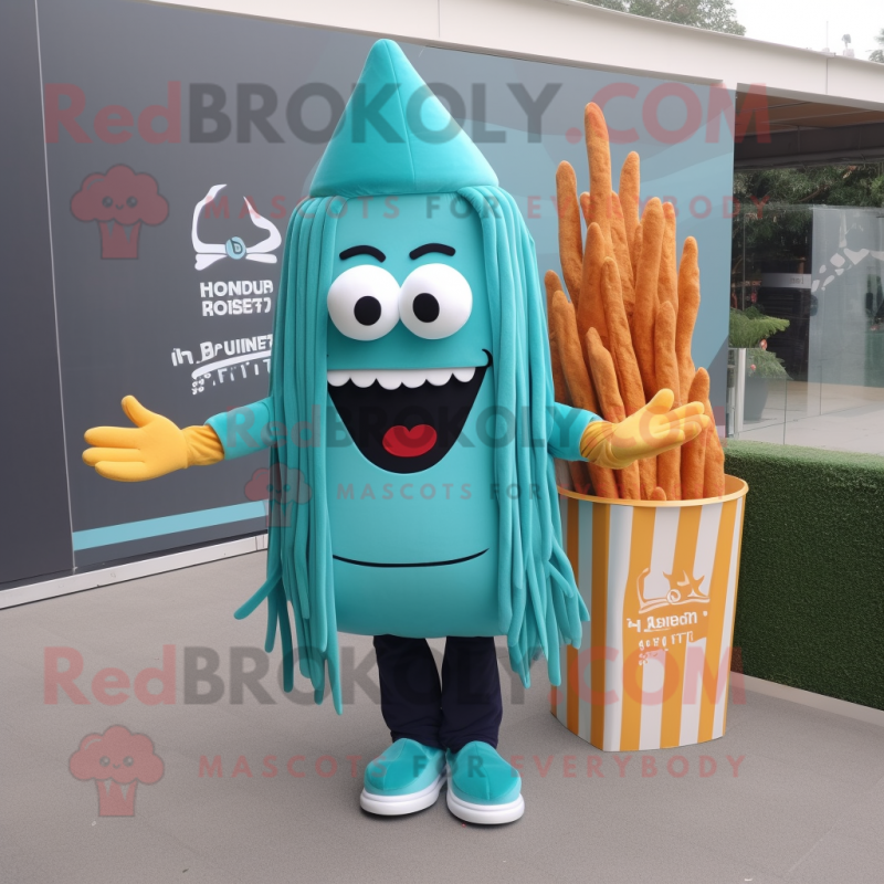 Teal French Fries mascot costume character dressed with a Long Sleeve Tee and Hairpins