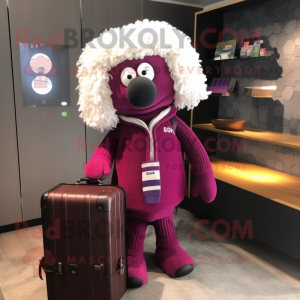 Magenta Shepard'S Pie mascot costume character dressed with a Cardigan and Briefcases