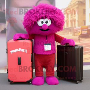 Magenta Shepard'S Pie mascot costume character dressed with a Cardigan and Briefcases