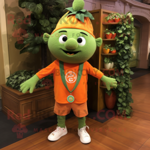 Orange Spinach mascot costume character dressed with a Henley Tee and Necklaces