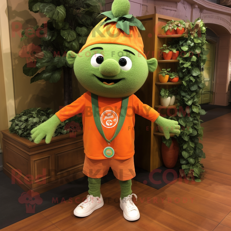 Orange Spinach mascot costume character dressed with a Henley Tee and Necklaces Orange Spinach mascot costume character dressed with a Henley Tee and Necklaces