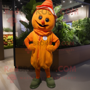 Orange Spinach mascot costume character dressed with a Henley Tee and Necklaces