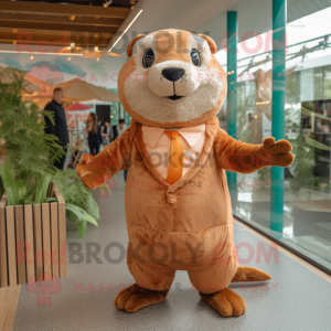 Peach Beaver mascot costume character dressed with a Playsuit and Ties
