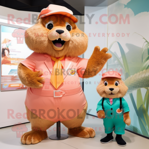 Peach Beaver mascot costume character dressed with a Playsuit and Ties