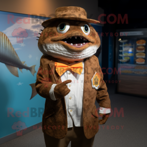 Brown Fish Tacos mascot costume character dressed with a Blazer and Lapel pins