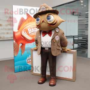 Brown Fish Tacos mascot costume character dressed with a Blazer and Lapel pins