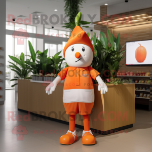 Orange Radish mascot costume character dressed with a Polo Shirt and Watches