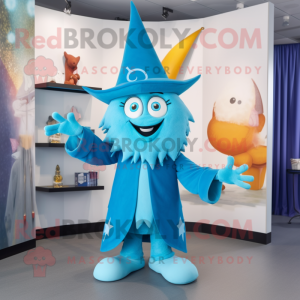 Cyan Witch'S Hat mascot costume character dressed with a Capri Pants and Hairpins