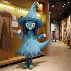 Cyan Witch'S Hat mascot costume character dressed with a Capri Pants and Hairpins