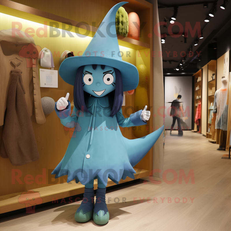 Cyan Witch'S Hat mascot costume character dressed with a Capri Pants and Hairpins Cyan Witch'S Hat mascot costume character dressed with a Capri Pants and Hairpins