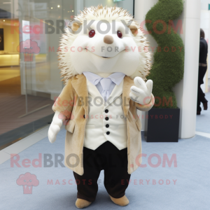 Cream Hedgehog mascot costume character dressed with a Dress Pants and Pocket squares