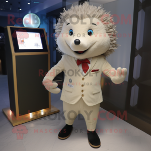 Cream Hedgehog mascot costume character dressed with a Dress Pants and Pocket squares