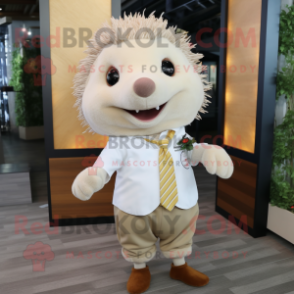 Cream Hedgehog mascot costume character dressed with a Dress Pants and Pocket squares