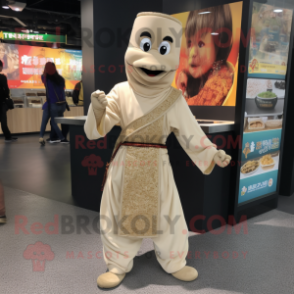Beige Pad Thai mascot costume character dressed with a Cover-up and Foot pads