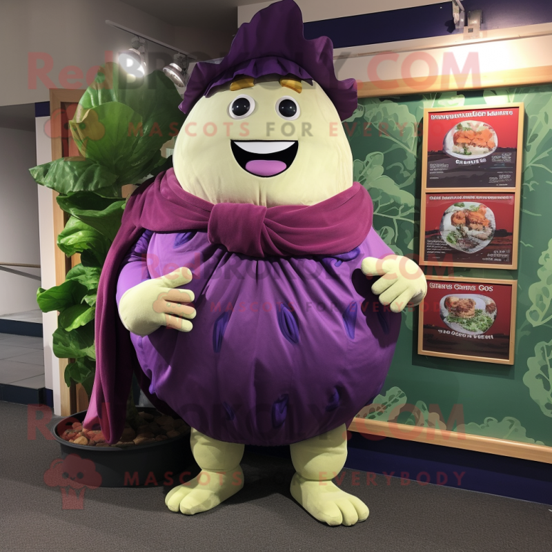 Purple Corned Beef And Cabbage mascot costume character dressed with a Swimwear and Shawl pins Purple Corned Beef And Cabbage mascot costume character dressed with a Swimwear and Shawl pins