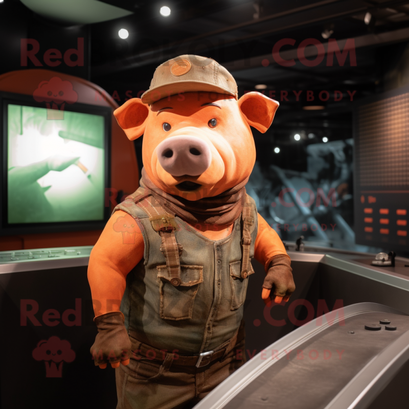 Rust Pig mascot costume character dressed with a Tank Top and Berets