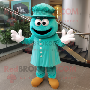 Turquoise Pesto Pasta mascot costume character dressed with a Chinos and Hats