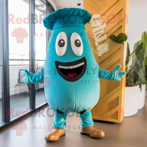 Turquoise Pesto Pasta mascot costume character dressed with a Chinos and Hats