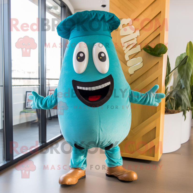 Turquoise Pesto Pasta mascot costume character dressed with a Chinos and Hats Turquoise Pesto Pasta mascot costume character dressed with a Chinos and Hats