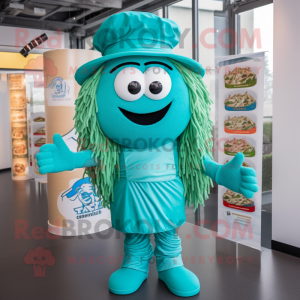 Turquoise Pesto Pasta mascot costume character dressed with a Chinos and Hats