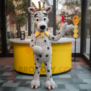 Gray Giraffe mascot costume character dressed with a Pencil Skirt and Mittens