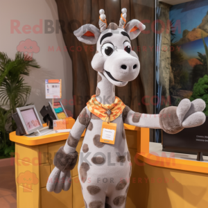 Gray Giraffe mascot costume character dressed with a Pencil Skirt and Mittens