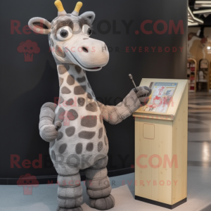 Gray Giraffe mascot costume character dressed with a Pencil Skirt and Mittens