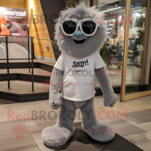 Gray Squash mascot costume character dressed with a Henley Shirt and Sunglasses