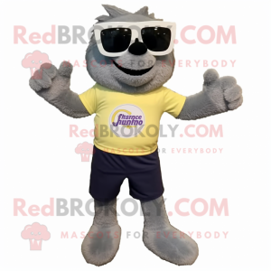 Gray Squash mascot costume character dressed with a Henley Shirt and Sunglasses