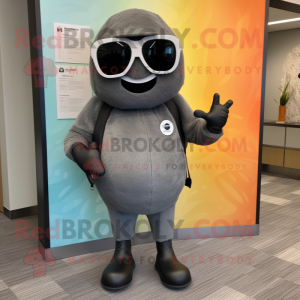 Gray Squash mascot costume character dressed with a Henley Shirt and Sunglasses