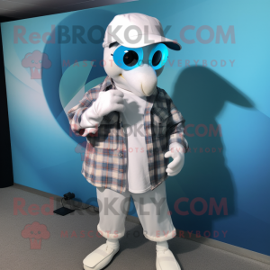 White Dolphin mascot costume character dressed with a Flannel Shirt and Smartwatches