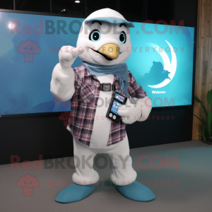 White Dolphin mascot costume character dressed with a Flannel Shirt and Smartwatches