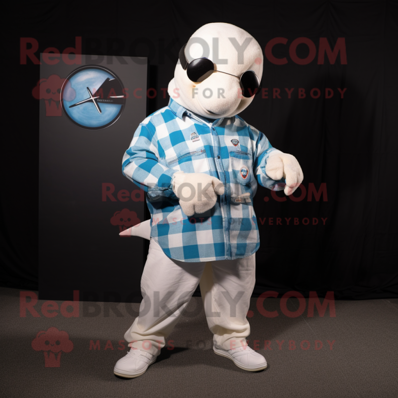 White Dolphin mascot costume character dressed with a Flannel Shirt and Smartwatches