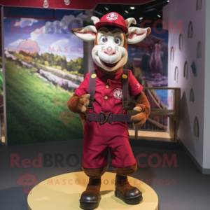 Maroon Goat mascot costume character dressed with a Dungarees and Bracelets
