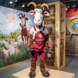 Maroon Goat mascot costume character dressed with a Dungarees and Bracelets
