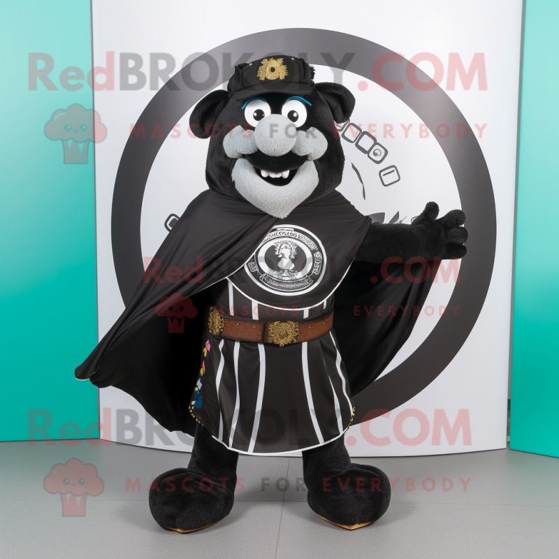 Black Celtic Shield mascot costume character dressed with a Poplin Shirt and Scarves Black Celtic Shield mascot costume character dressed with a Poplin Shirt and Scarves