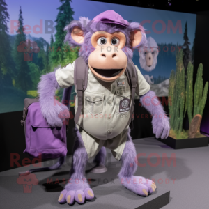 Lavender Baboon mascot costume character dressed with a Overalls and Backpacks