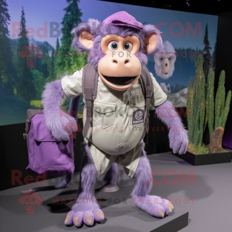 Lavender Baboon mascot costume character dressed with a Overalls and Backpacks Lavender Baboon mascot costume character dressed with a Overalls and Backpacks