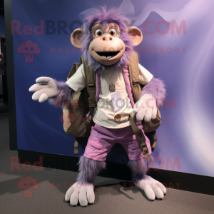 Lavender Baboon mascot costume character dressed with a Overalls and Backpacks