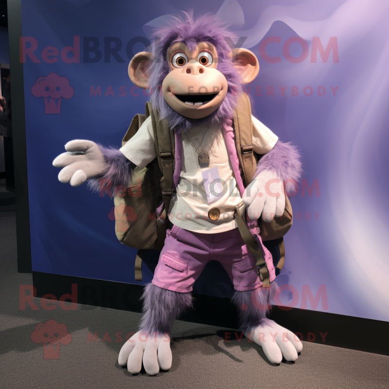 Lavender Baboon mascot costume character dressed with a Overalls and Backpacks Lavender Baboon mascot costume character dressed with a Overalls and Backpacks