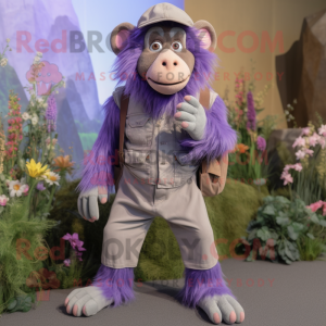 Lavender Baboon mascot costume character dressed with a Overalls and Backpacks