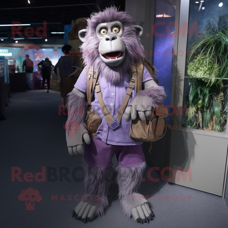 Lavender Baboon mascot costume character dressed with a Overalls and Backpacks Lavender Baboon mascot costume character dressed with a Overalls and Backpacks