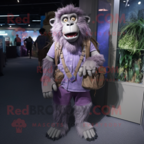 Lavender Baboon mascot costume character dressed with a Overalls and Backpacks